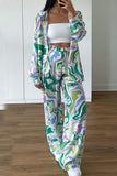 Casual Print Cardigan Pants Turndown Collar Long Sleeve Two Pieces