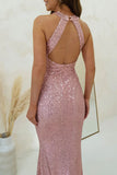 Sexy Formal Solid Sequins Backless Halter Trumpet Mermaid Dresses