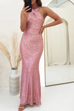 Sexy Formal Solid Sequins Backless Halter Trumpet Mermaid Dresses