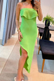 Sweet Elegant Solid Flounce Asymmetrical Strapless Wrapped Skirt Dresses