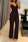 Sexy Solid Sequins Sequined V Neck Regular Jumpsuits