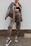 Casual Vintage Print Leopard Frenulum Turndown Collar Long Sleeve Two Pieces