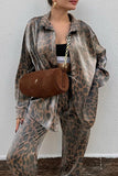 Casual Vintage Print Leopard Frenulum Turndown Collar Long Sleeve Two Pieces