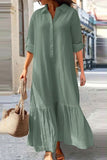 Casual Vintage Solid Buttons Flounce Turndown Collar Shirt Dress Dresses