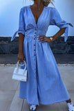 Elegant Solid Make Old Buckle V Neck Half Sleeve Loose Denim Dresses