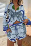 Casual Vintage Geometric Print Draw String Pocket Turndown Collar Long Sleeve Two Pieces