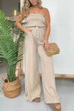 Casual Striped Draw String Pocket Strapless Regular Jumpsuits