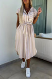 Elegant Striped Bandage Pocket Buckle Turndown Collar Shirt Dresses