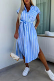 Elegant Striped Bandage Pocket Buckle Turndown Collar Shirt Dresses