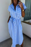 Elegant Striped Bandage Pocket Buckle Turndown Collar Shirt Dresses