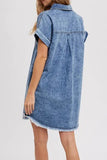 Casual Solid Pocket Turndown Collar Short Sleeve Loose Denim Dresses