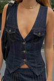 Casual Solid Pocket Buttons V Neck Sleeveless Regular Denim Jacket