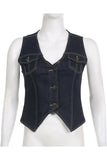 Casual Solid Pocket Buttons V Neck Sleeveless Regular Denim Jacket