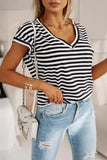 Casual Striped Patchwork V Neck T-Shirts