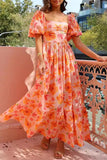 Elegant Print Flowers Fold Square Collar A Line Dresses