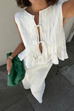 Casual Daily Solid Color Lace Up Ruched O Neck Sleeveless Two Pieces