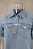 Casual Daily Solid Color Buttons Turndown Collar Short Sleeve Loose Denim Dresses