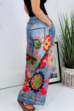 Casual Street Graffiti Print Flowers Print Pocket Loose High Waist Wide Leg Full Print Bottoms(3 Colors)