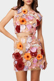 Casual Flowers Embroidery O Neck Sleeveless Two Pieces(3 Colors)