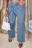 Casual Solid Color Patchwork Mid Waist Straight Denim Jeans