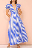 Casual Striped Print Pocket Contrast V Neck A Line Short Sleeve Dress