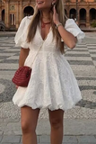 Casual Daily Solid Color Texture V Neck A Line Short Sleeve Dress