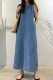 Casual Solid Color Pocket O Neck Sleeveless Regular Denim Dresses(3 Colors)