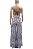 Sexy Print Hollow Out Patchwork Backless Spaghetti Strap Loose Jumpsuits