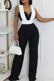 Casual Hollow Out Patchwork Backless V Neck Regular Jumpsuits