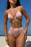 Sexy Solid Color Patchwork Chains Backless Belted Swimsuit Three Piece Set (With Paddings)(3 Colors)