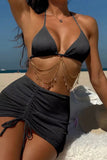 Sexy Solid Color Patchwork Chains Backless Belted Swimsuit Three Piece Set (With Paddings)(3 Colors)