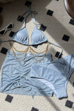 Sexy Solid Color Patchwork Chains Backless Belted Swimsuit Three Piece Set (With Paddings)(3 Colors)