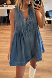 Casual Daily Solid Color Distressed Lace Up V Neck Sleeveless Loose Denim Jumpsuits