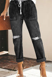 Casual Street Solid Color Ripped Draw String Pocket Denim Jeans(4 Colors)