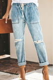 Casual Street Solid Color Ripped Draw String Pocket Denim Jeans(4 Colors)