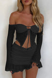 Sexy Lace Lace Up Irregular Off Shoulder Long Sleeve Two Pieces(3 Colors)