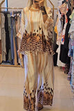 Casual Daily Leopard Print Contrast O Neck Three Quarter Two Pieces