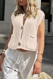 Casual Daily Solid Color Pocket Buttons Weave O Neck Sweaters (3 Colors)