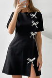 Daily Solid Color Slit Bow Decor O Neck Short Sleeve Short Sleeve Dress