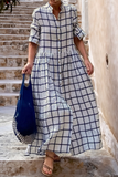 Casual Street Plaid Buckle Turndown Collar Long Sleeve Dresses