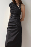 Elegant Solid Color Slit Ruched Irregular Oblique Collar One Step Skirt Dresses