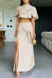 Casual Solid Color Slit Belted Half A Turtleneck Short Sleeve Two Pieces