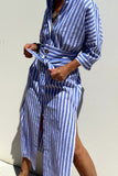 Casual Plaid Striped Print Buttons With Belt Turndown Collar Shirt Dresses(5 Colors)