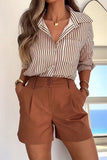 Casual Striped Print Pocket Turndown Collar Long Sleeve Two Pieces