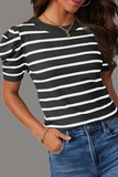 Casual Stripe Ruched Weave O Neck T-Shirts(5 Colors)