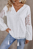 Casual Solid Color Lace Fringed Trim Hollow Out V Neck Tops(4 Colors)