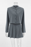 Casual Stripe Buttons Patchwork Pleated Mandarin Collar Long Sleeve Two Pieces