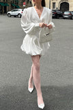 Street Elegant Solid Color Pearls Decor Ruched V Neck Ball Gown Dresses