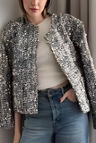 Casual Solid Color Sequins Patchwork O Neck Outerwear