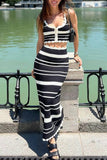 Sexy Stripe Weave Contrast U Neck Sleeveless Two Pieces